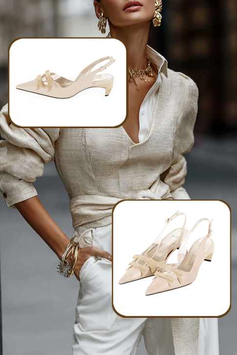 Women's champagne white elegant slingback heels, with a bow on the front. Pointed toe. Low comma heels - Worn view